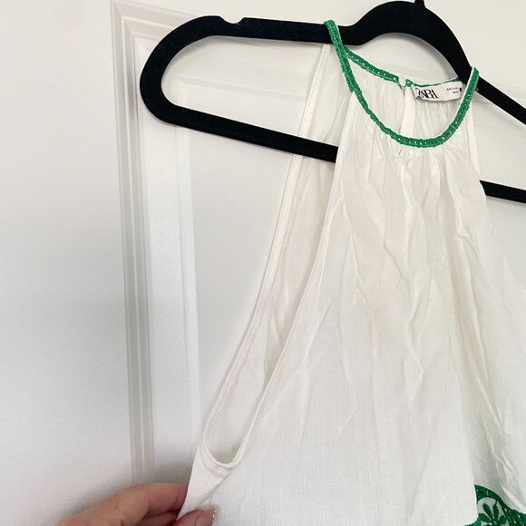 Zara White & Green Embroidered Halter Top – Women’s Size Small Boho Style - Picture 6 of 11